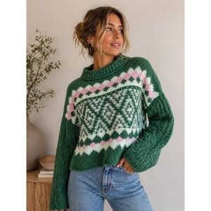 Free People Green Fair Isle Sweater Alpaca Wool Blend Boho Cozy Size L